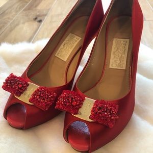 ❤️Big Sale❤️Salvatore Ferragamo Red Satin Peep Toe
